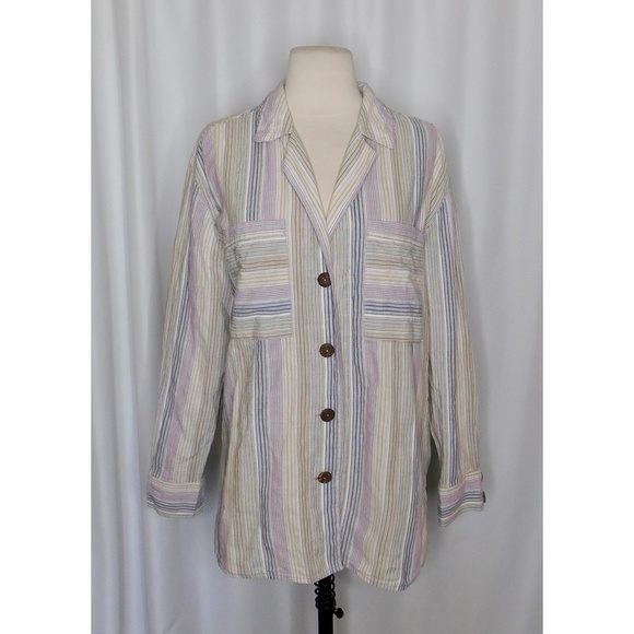 FREE PEOPLE High Tide Multi Stripe Button Down Top Shirt Purple Night Small - Picture 3 of 11